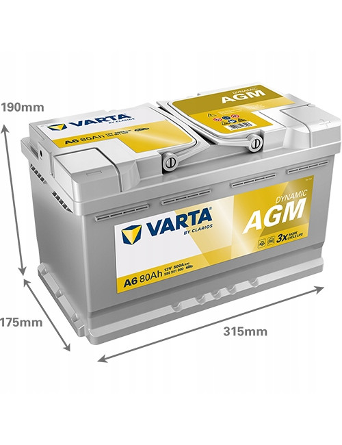 VARTA 80Ah 800A Silver Dynamic A6 AGM P+ 12V Akumulator 315x175x190mm 2026r